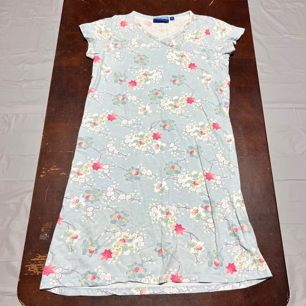 Northern Nights Womens Blue Floral Cotton Jersey V-Neck Nightgown H166746 Medium